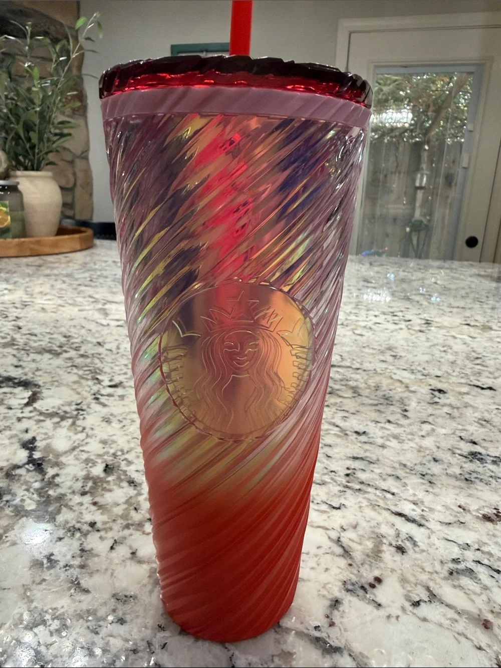 Starbucks Iridescent Red Cold Cup with Gold Emblem and Red Straw